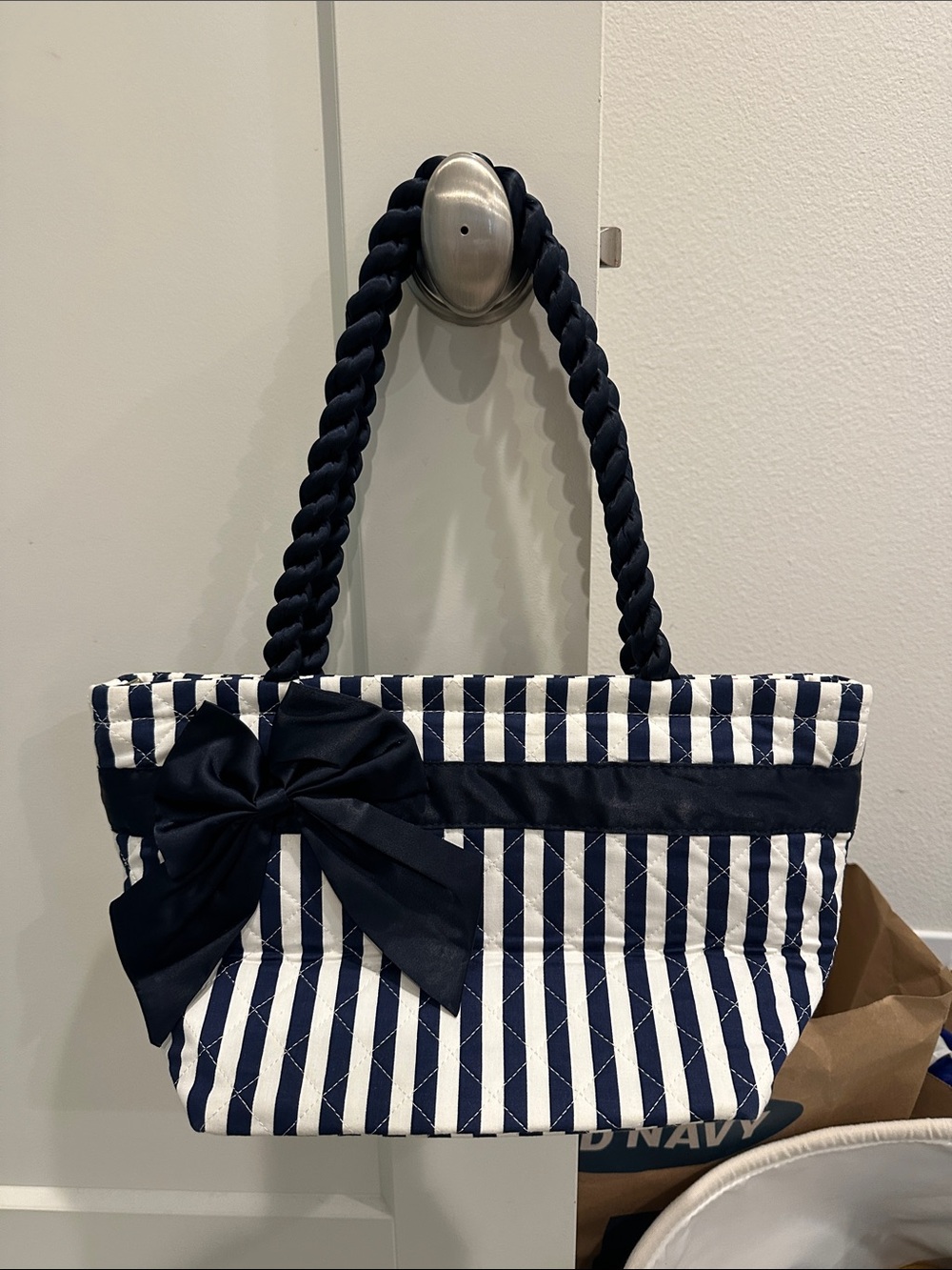 Striped Navy & White Tote Bag with Bow